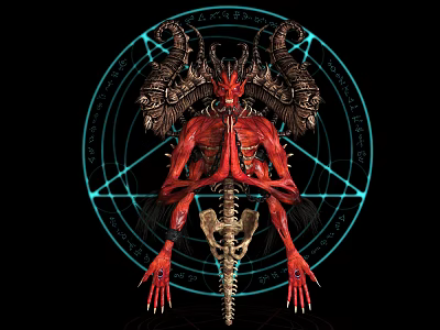 Red Horned Demon Creature With Skeletal Body And Blue Geometric Magic Symbols Against Black Background 3d model