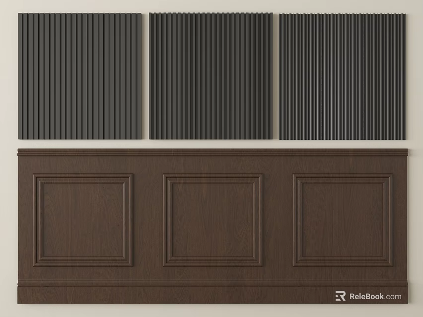 Elegant Dark Wood Wall Paneling With Vertical Slats And Panel Designs 3d model