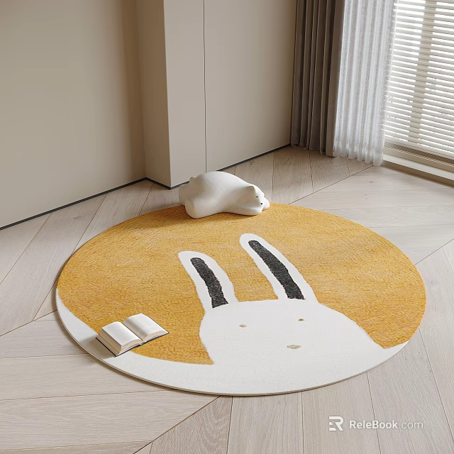 Round Carpet With Rabbit Pattern In Bright Room With Book 3d model