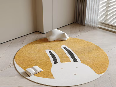 Round Carpet With Rabbit Pattern In Bright Room With Book 3d model