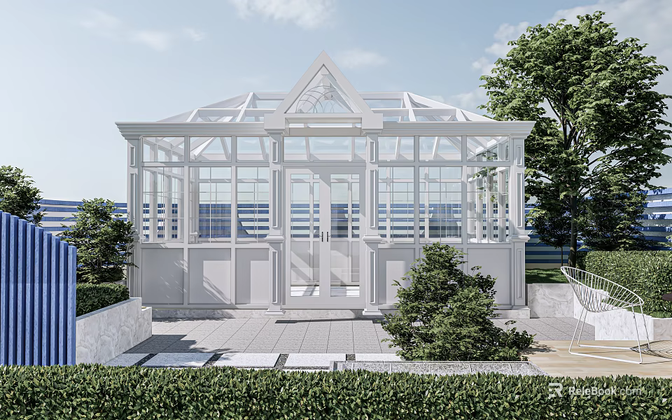 White Glass Greenhouse Structure With Garden Plants Outdoor Steps And Landscaping 3d model 
