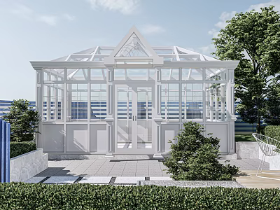 White Glass Greenhouse Structure With Garden Plants Outdoor Steps And Landscaping 3d model