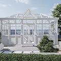 White Glass Greenhouse Structure With Garden Plants Outdoor Steps And Landscaping
