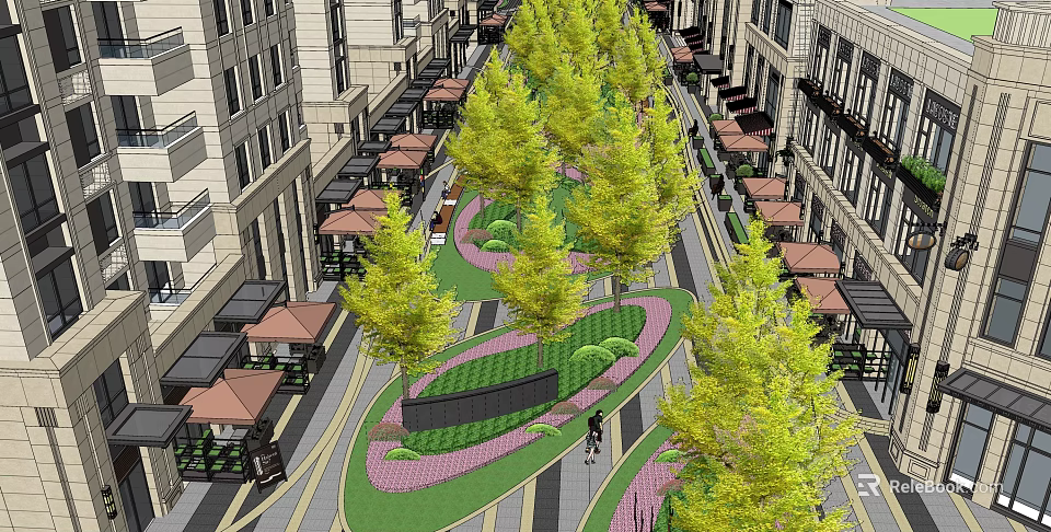 Modern Commercial Landscape Design With Lush Trees Curved Walkways And Surrounding Buildings 3d model 
