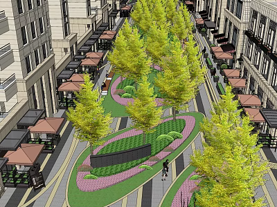 Modern Commercial Landscape Design With Lush Trees Curved Walkways And Surrounding Buildings 3d model