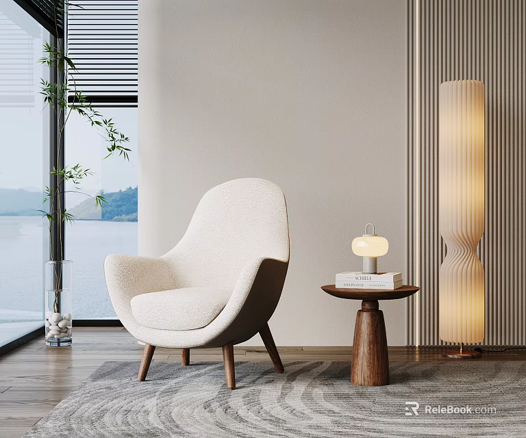 Modern Beige Upholstered Accent Chair With Wooden Legs Side Table Floor Lamp And Lake View 3d model 
