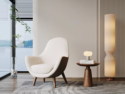 Modern Beige Upholstered Accent Chair With Wooden Legs Side Table Floor Lamp And Lake View 3d model