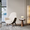 Modern Beige Upholstered Accent Chair With Wooden Legs Side Table Floor Lamp And Lake View