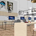 Modern Open Public Office Space With Large Shared Desk Hanging Lights And Decorative Paintings