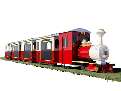 Red Vintage Steam Train with Classic Carriages on Green Grass Track 3d model