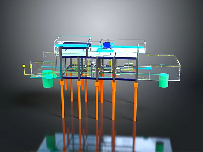 3D Rendered Industrial Equipment With Transparent Structure Orange Support Pillars And Green Containers 3d model