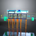 3D Rendered Industrial Equipment With Transparent Structure Orange Support Pillars And Green Containers