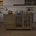 Modern Kitchen Wooden Sideboard With Drawers Glass Doors Fruit Tray Wine Bottles And Glass Holder
