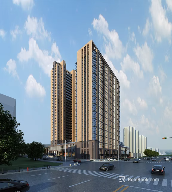 Modern Commercial Street With High Rise Buildings Urban Environment Green Trees And Traffic 3d model 