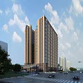 Modern Commercial Street With High Rise Buildings Urban Environment Green Trees And Traffic