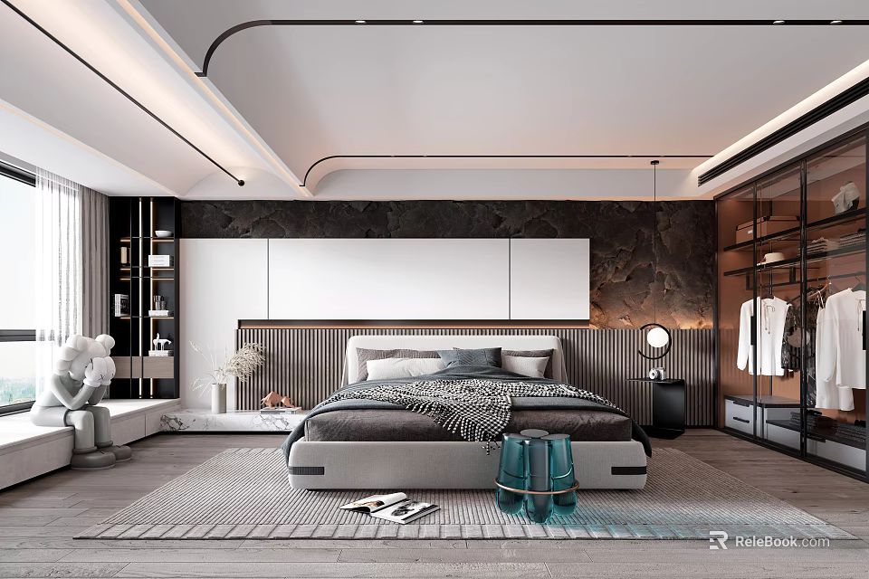 Modern Bedroom Interior Design With Large Bed Dark Headboard Wall Rug And Wardrobe 3d model 