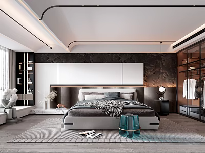 Modern Bedroom Interior Design With Large Bed Dark Headboard Wall Rug And Wardrobe 3d model