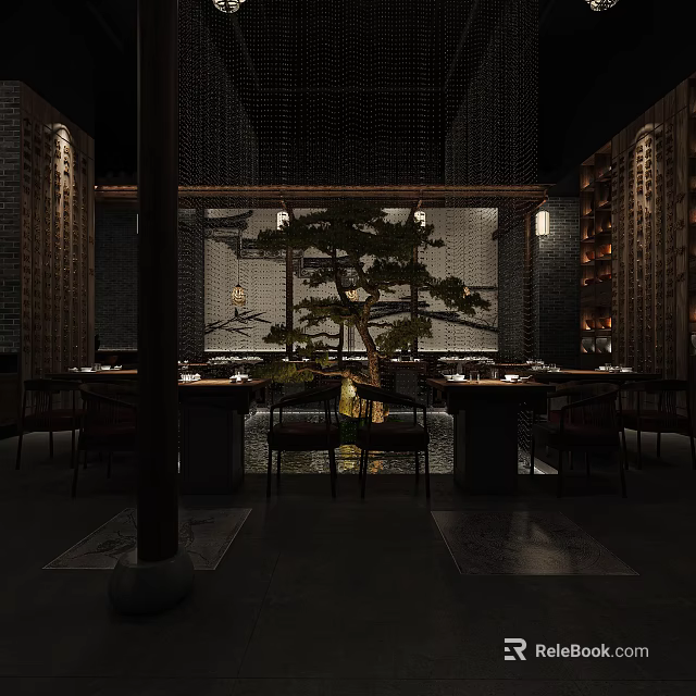 Chinese Style Restaurant Interior Featuring Pine Tree Dining Tables Lighting And Brick Walls 3d model 