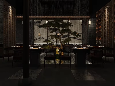 Chinese Style Restaurant Interior Featuring Pine Tree Dining Tables Lighting And Brick Walls 3d model