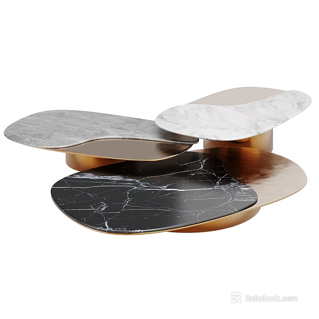 Modern Coffee Table with Irregular Marble Top and Copper Base in Black White Gray 3d model 