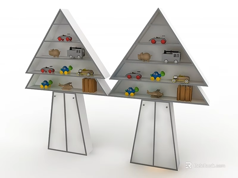Two Triangle Multi Layer Shelves Displaying Colorful Toys And Storage Items 3d model