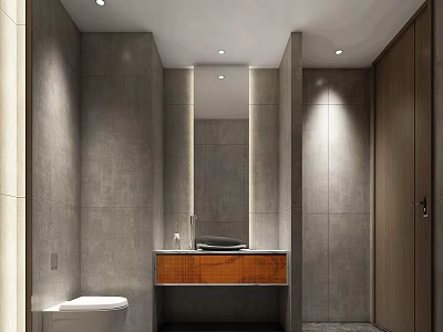 Modern Hotel Bathroom Interior With Gray Tile Walls Wooden Vanity And Wall Mirror 3d model