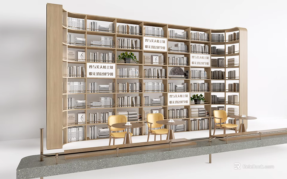 Wooden Display Shelves Filled With Books And Accompanied By Yellow Chairs And Small Tables 3d model 