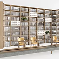Wooden Display Shelves Filled With Books And Accompanied By Yellow Chairs And Small Tables