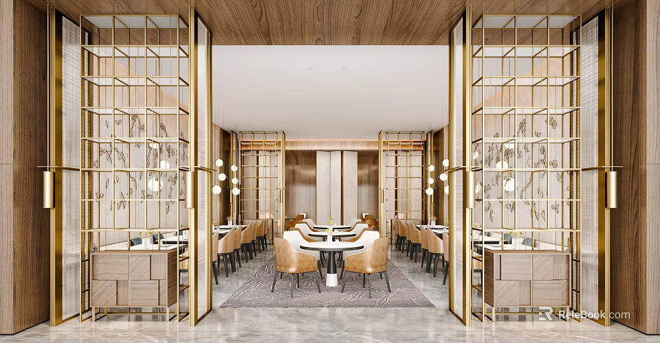 Elegant Modern Banquet Hall Interior Design With Gold Frame Partitions Wooden Walls And Marble Floor 3d model 
