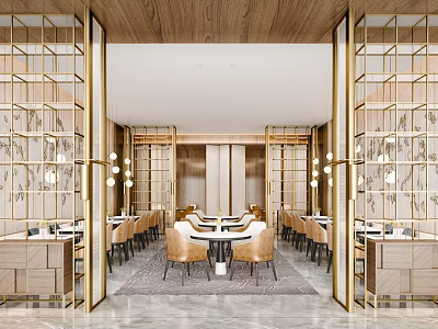 Elegant Modern Banquet Hall Interior Design With Gold Frame Partitions Wooden Walls And Marble Floor 3d model