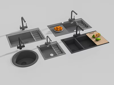 Various Types of Modern Kitchen Sink with Faucet Drainer Cutting Board and Fruits 3d model