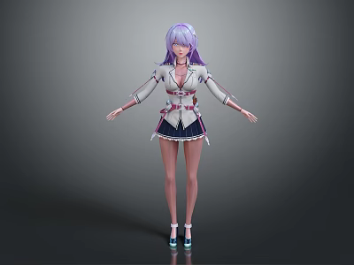 3D Game Movie Character With Purple Hair White Top And Black Short Skirt 3d model