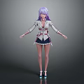 3D Game Movie Character With Purple Hair White Top And Black Short Skirt