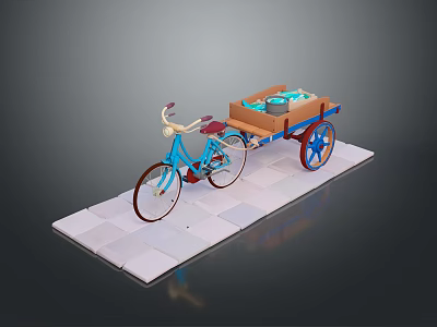 Blue Bicycle With Wooden Trailer Featuring Red Wheels And Colorful Toys 3d model