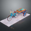 Blue Bicycle With Wooden Trailer Featuring Red Wheels And Colorful Toys