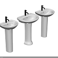 Three White Pedestal Washbasins With Black Faucets In Row 3d model