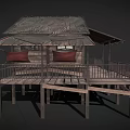 Rustic Elevated Wooden House With Wooden Deck Railings Windows And Roof