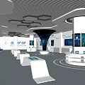 Modern High Tech Exhibition Hall Interior With Stylish Lighting Display Counters And Digital Screens