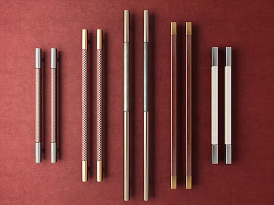 Door Handles of Various Materials and Different Colors Arranged on Red Background 3d model