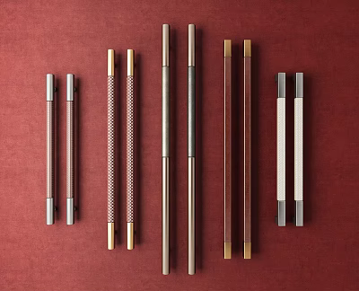 Door Handles of Various Materials and Different Colors Arranged on Red Background 3d model