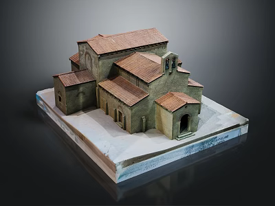 Detailed Architectural Model of Historical Stone Building With Red Tiled Roofs and White Display Base 3d model