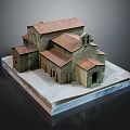 Detailed Architectural Model of Historical Stone Building With Red Tiled Roofs and White Display Base