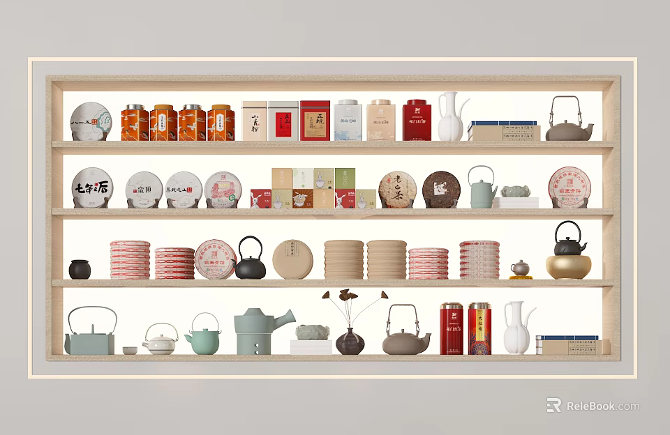 Assorted Tea Ware Display on Multi Layer Shelves with Teapots Cups and Canisters 3d model
