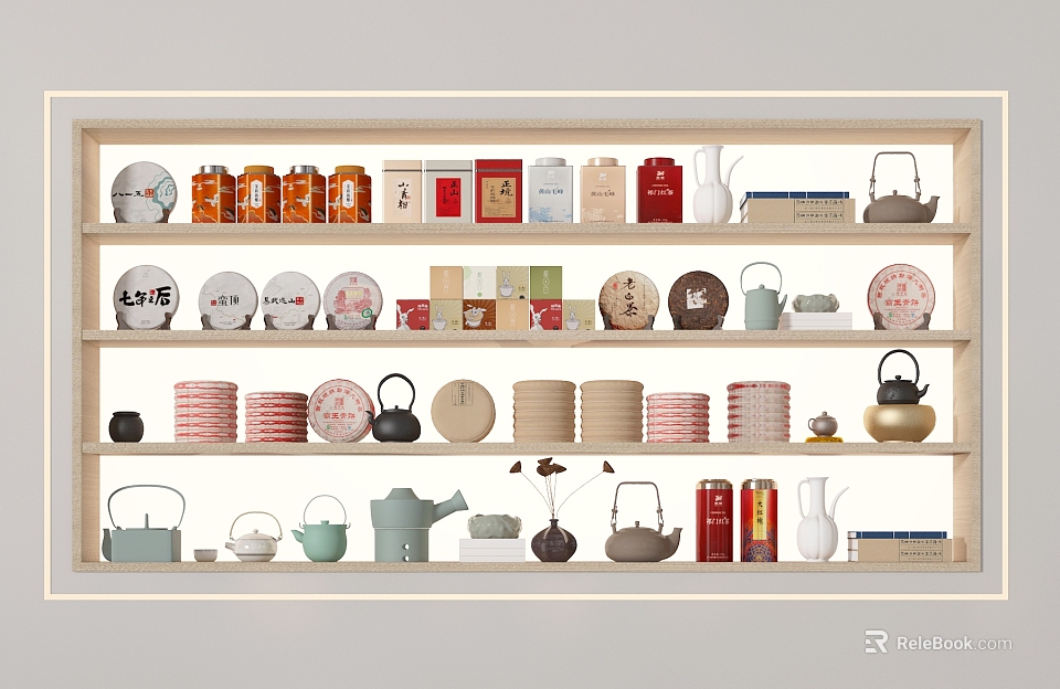 Assorted Tea Ware Display on Multi Layer Shelves with Teapots Cups and Canisters 3d model 