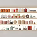 Assorted Tea Ware Display on Multi Layer Shelves with Teapots Cups and Canisters