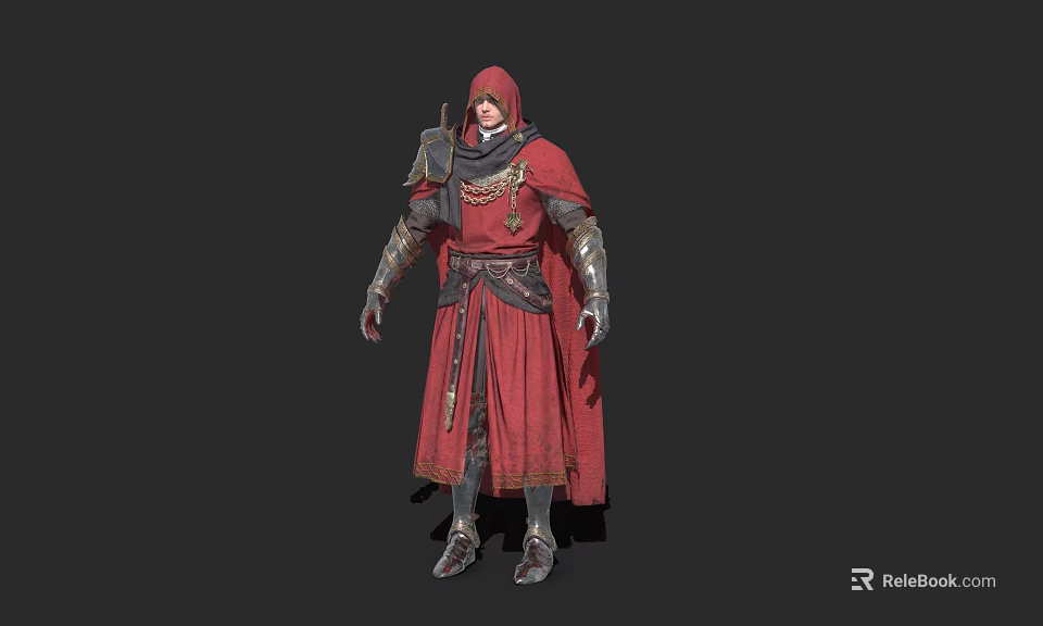 Fantasy Game Movie Character In Hooded Red Robe With Metal Armor Standing Pose 3d model 
