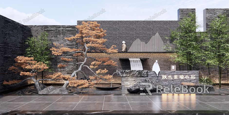 New Chinese style landscape sketch Zen falling water landscape wall overlapping water landscape courtyard waterscape sketch stone pine model