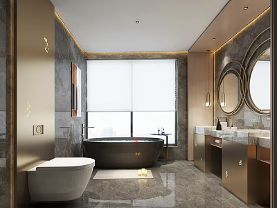 Elegant Modern Bathroom Interior Design With Dark Bathtub Marble Countertop And Double Round Mirrors 3d model