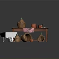 Rustic Wooden Table Setup With Baskets Clay Pots Lantern And Checkered Cloth On Wooden Floor