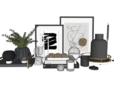 Modern Decorative Ornament Set with Framed Abstract Art Green Plant Black Vase and Tray 3d model